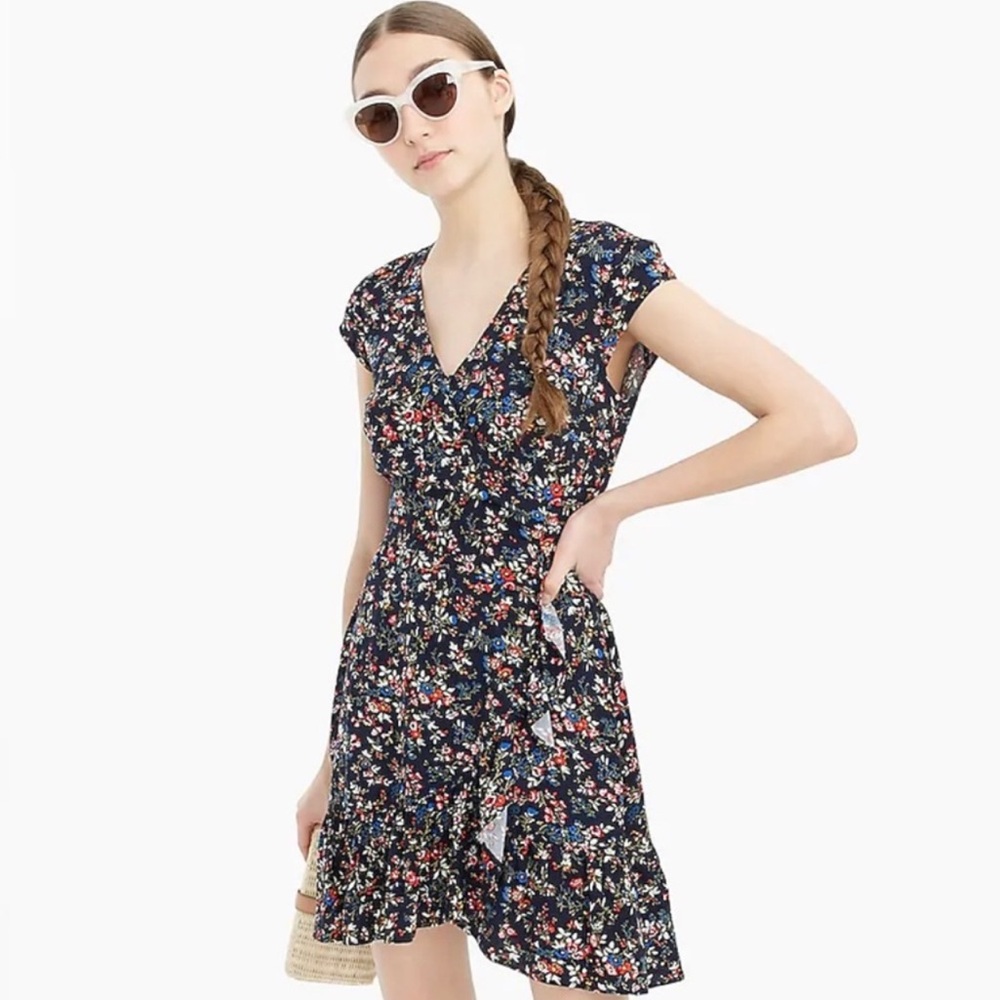 J. Crew Black with Floral Print Mini-Dress with Ruffle Detail.